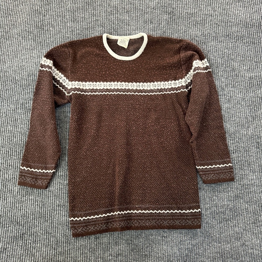 Partners Womens Vintage Knit Sweater S Brown White Wool Angora Fair Isle Pattern